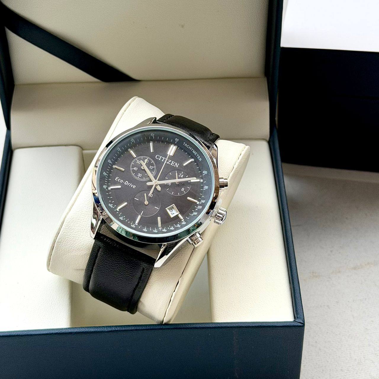 Men's Black Dial Leather Wrist Watch - Citizen Eco-Drive Avion Chronograph