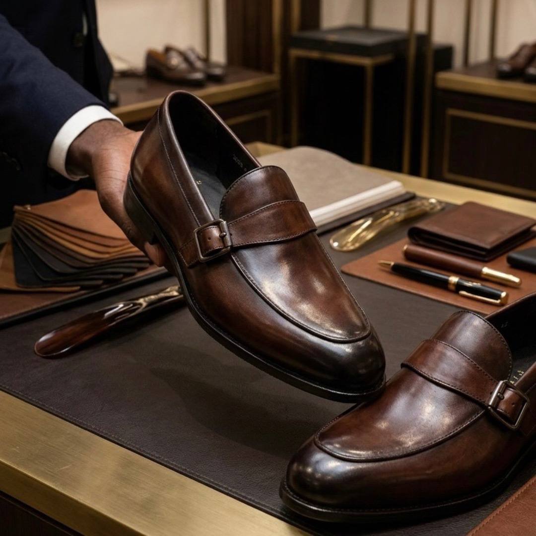 Single Monk Strap Dress Shoes (Mahogany Brown CM-007)
