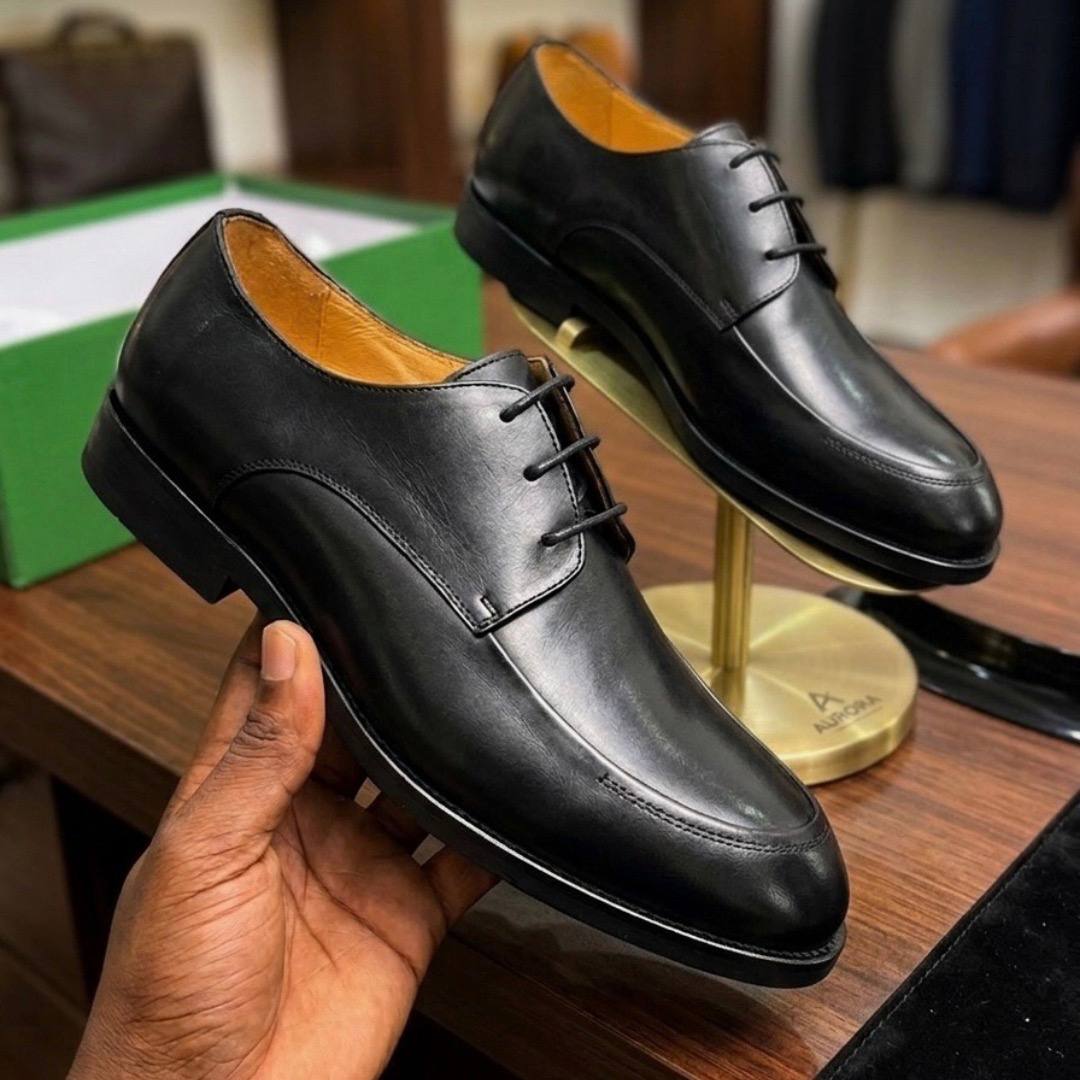 Black Leather Apron Toe Derby Shoes (Formal CM-007)
