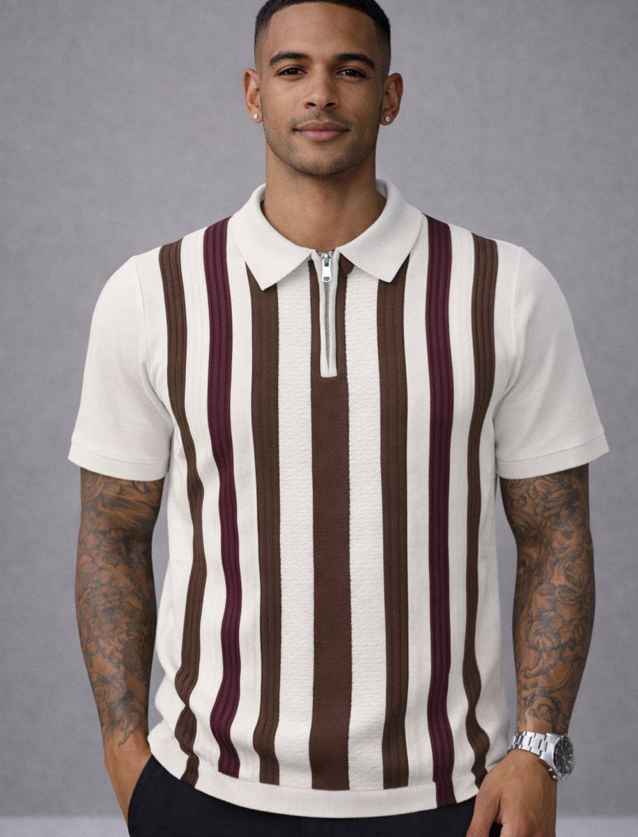 Vintage-Inspired Vertical Stripe Knitted Zip Polo (AC-P)