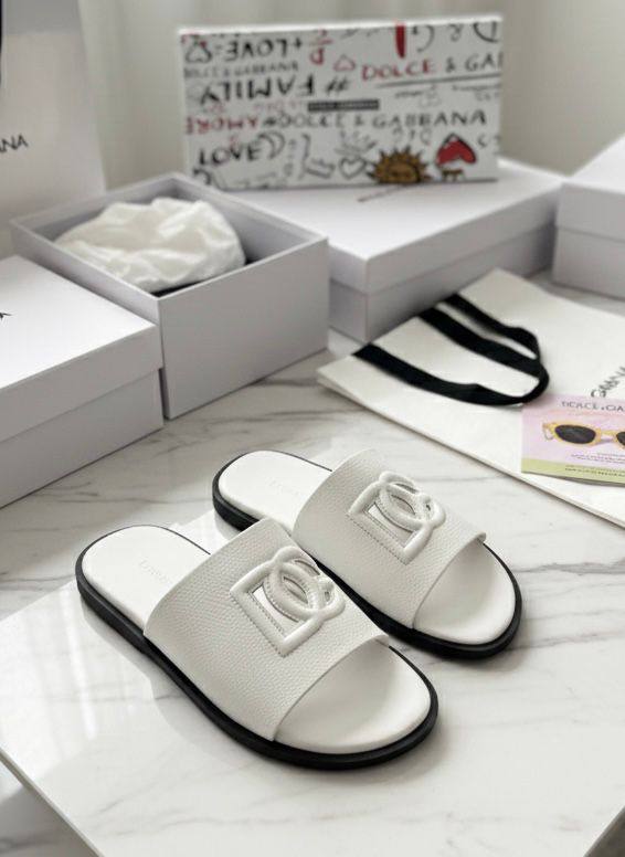 Men DG Triple White Leather Slippers (Pure Leather)