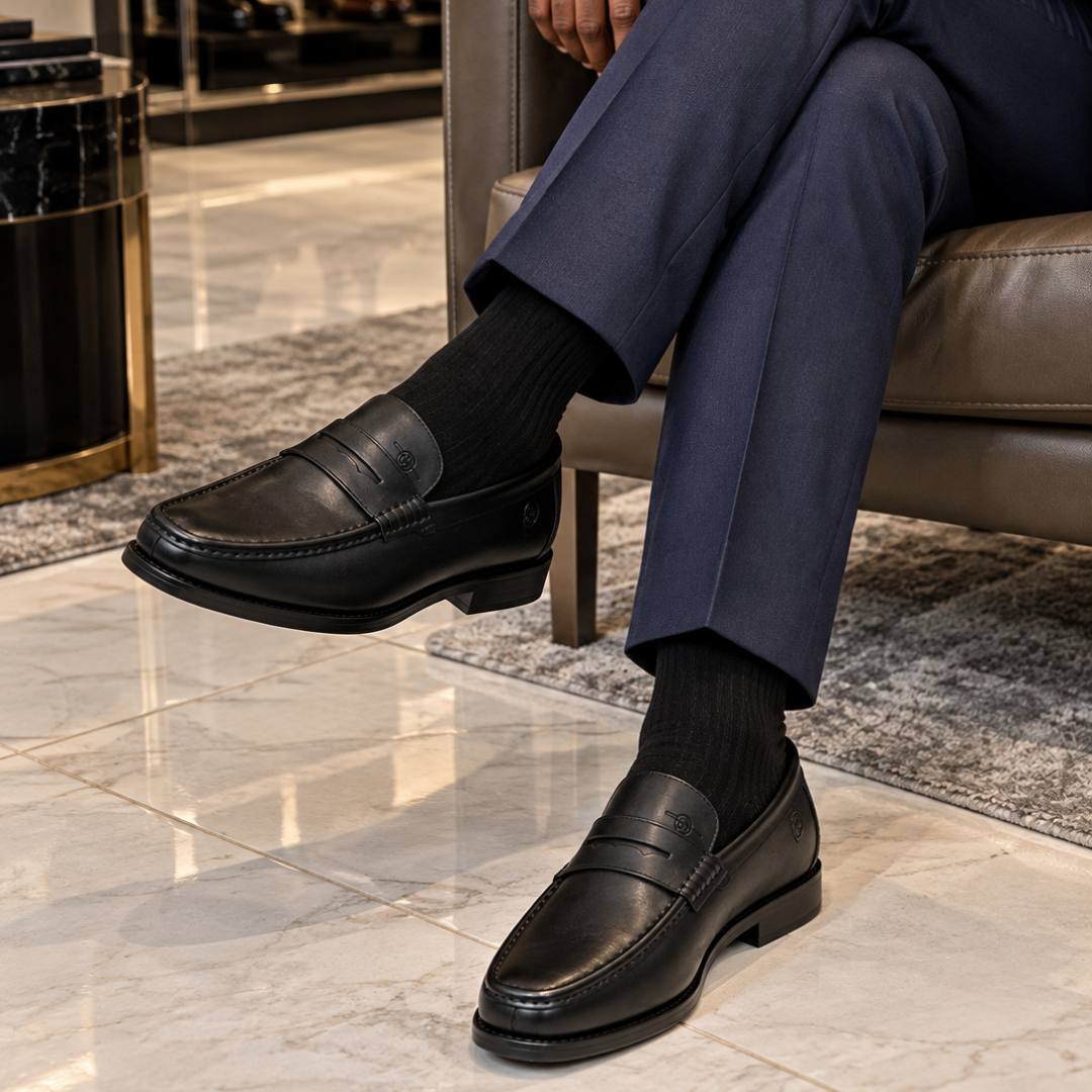 Premium Men's Black Leather Penny Loafers