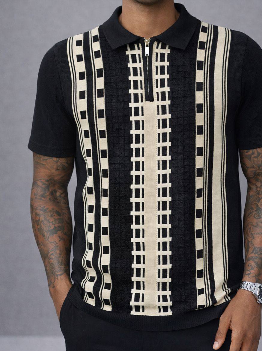 Retro Geometric Knitted Club Tee | Modern Quarter-Zip Polo (AC-P)