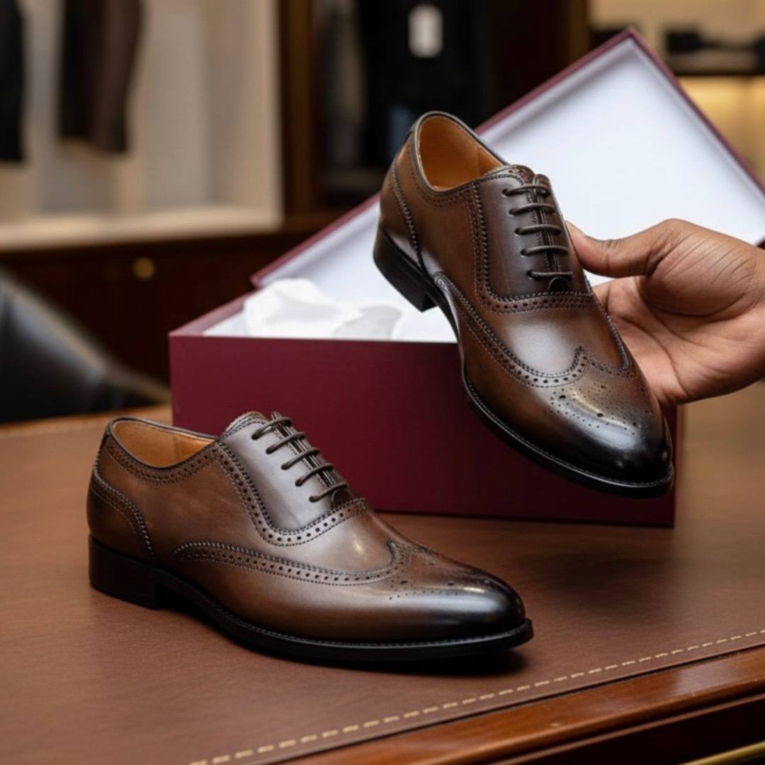 Men's Wingtip Oxford Premium Cognac Leather (Brown E-V6)`