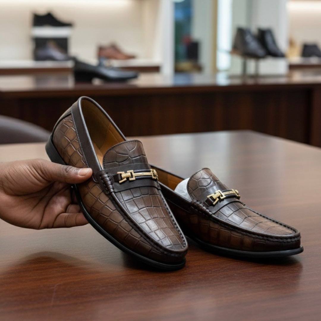 Men's Brown Crocodile Pattern Leather Loafer Shoes (E-V6)