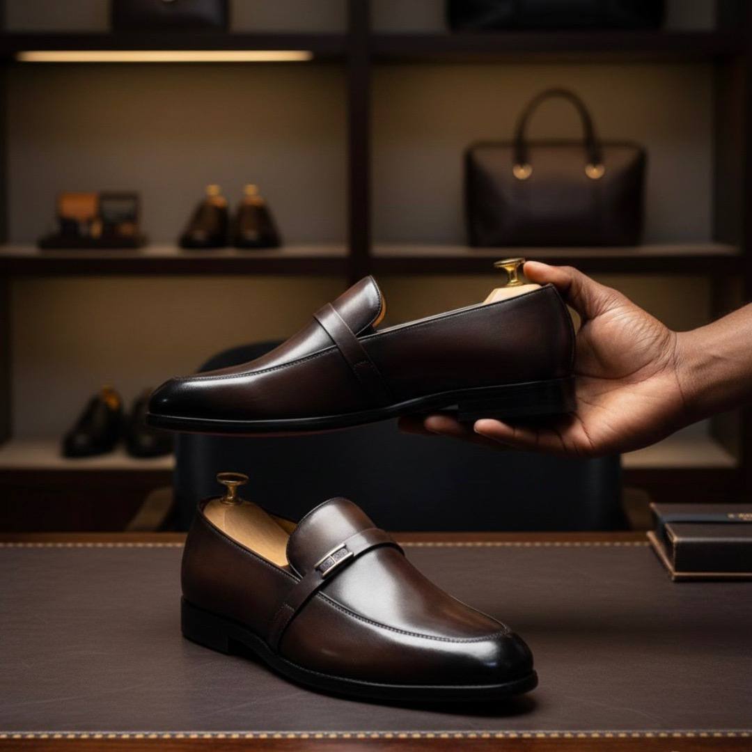 Men’s Leather Horsebit Executive Loafer Shoes (Dark Brown DS-1)