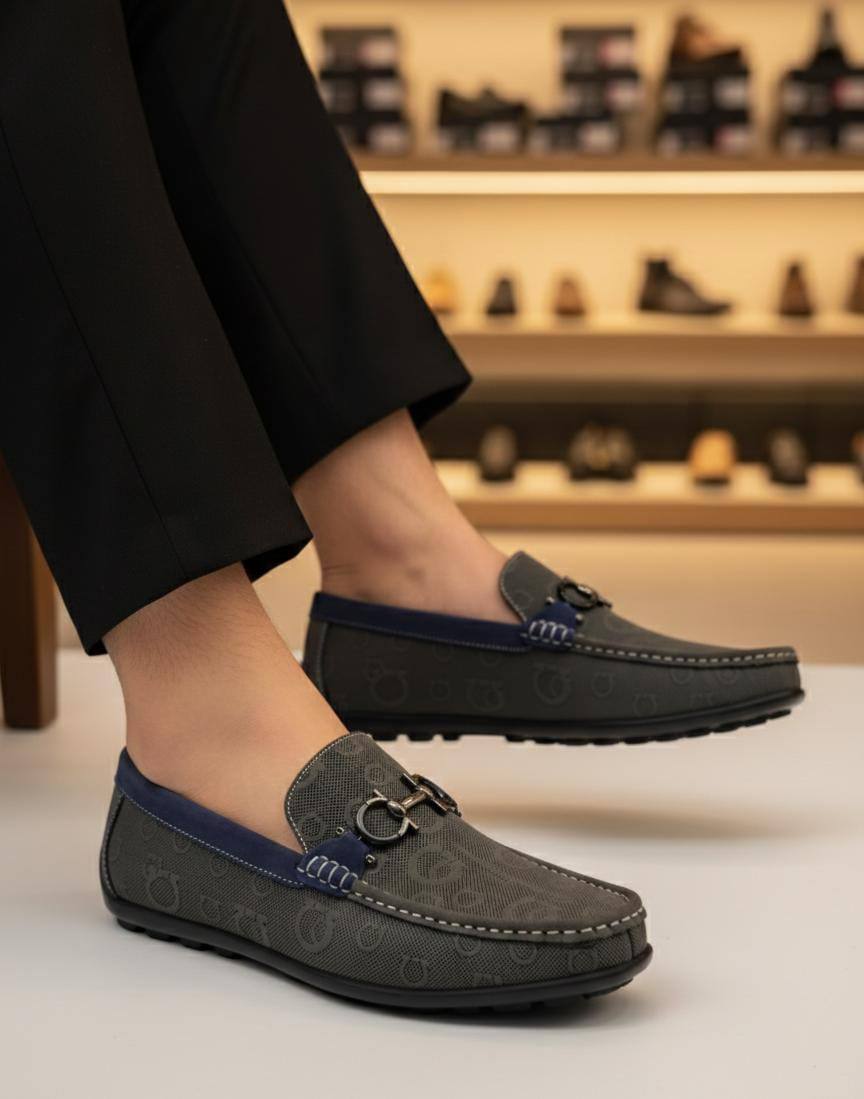 Men’s Grey Embossed Leather Driving Loafers (AC-HUB1)