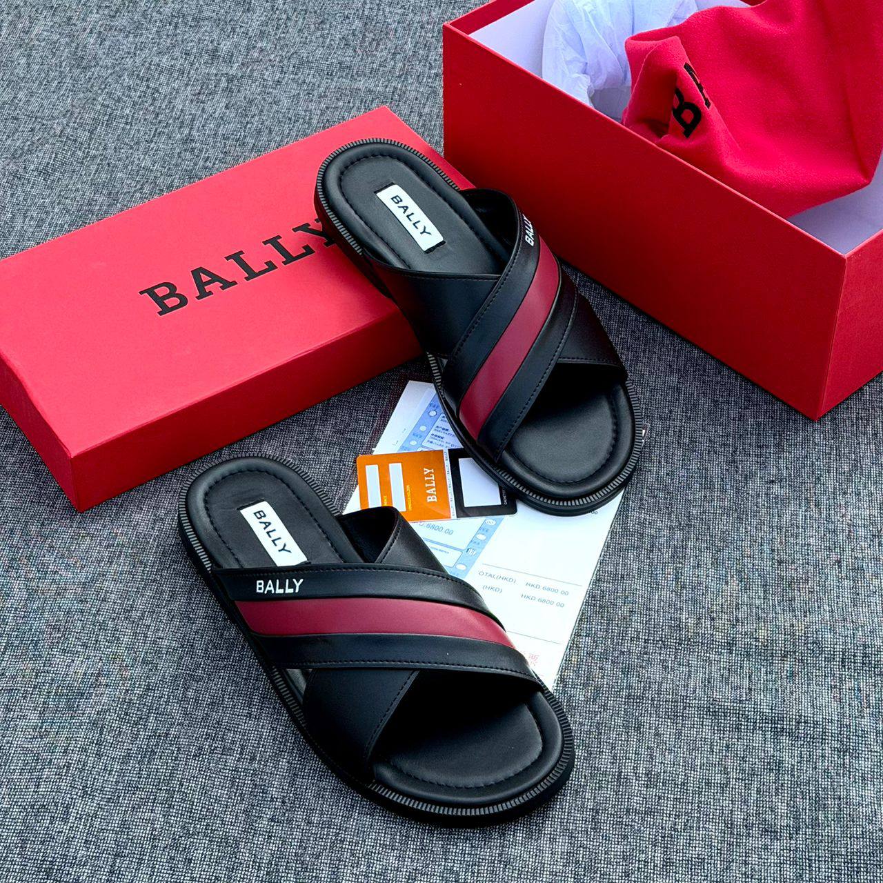 Bally Men's Leather Crossover Slides (Black &Heritage Stripe)
