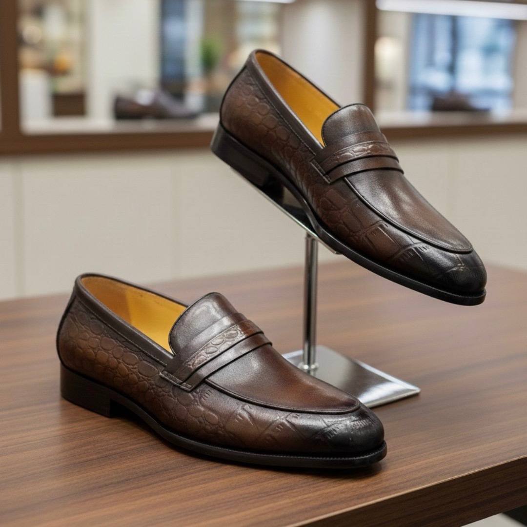 Men’s Brown Crocodile Embossed Leather Dress Shoes (ENGL-1)