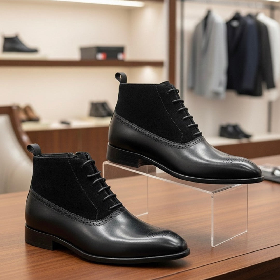 Men’s Black Leather & Suede Handcrafted Brogue Boots (RTM-1)