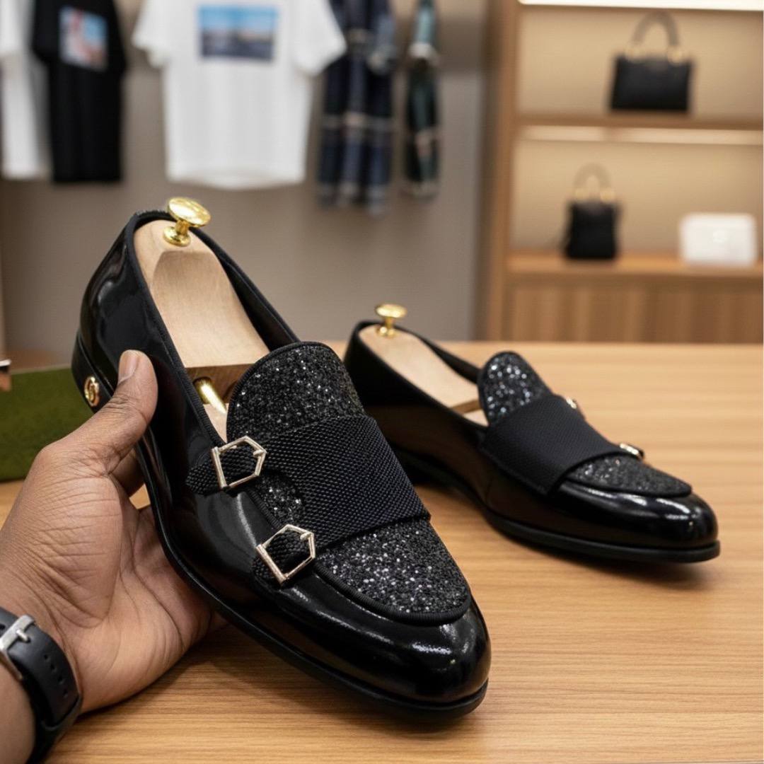 Men’s Black Glitter Double Monk Strap Shoes – Midnight Sparkle (E-V5)