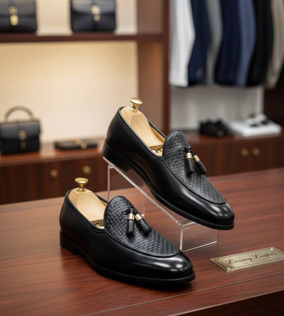 Men Black Woven Leather Tassel Loafer Shoes (RTM-2)