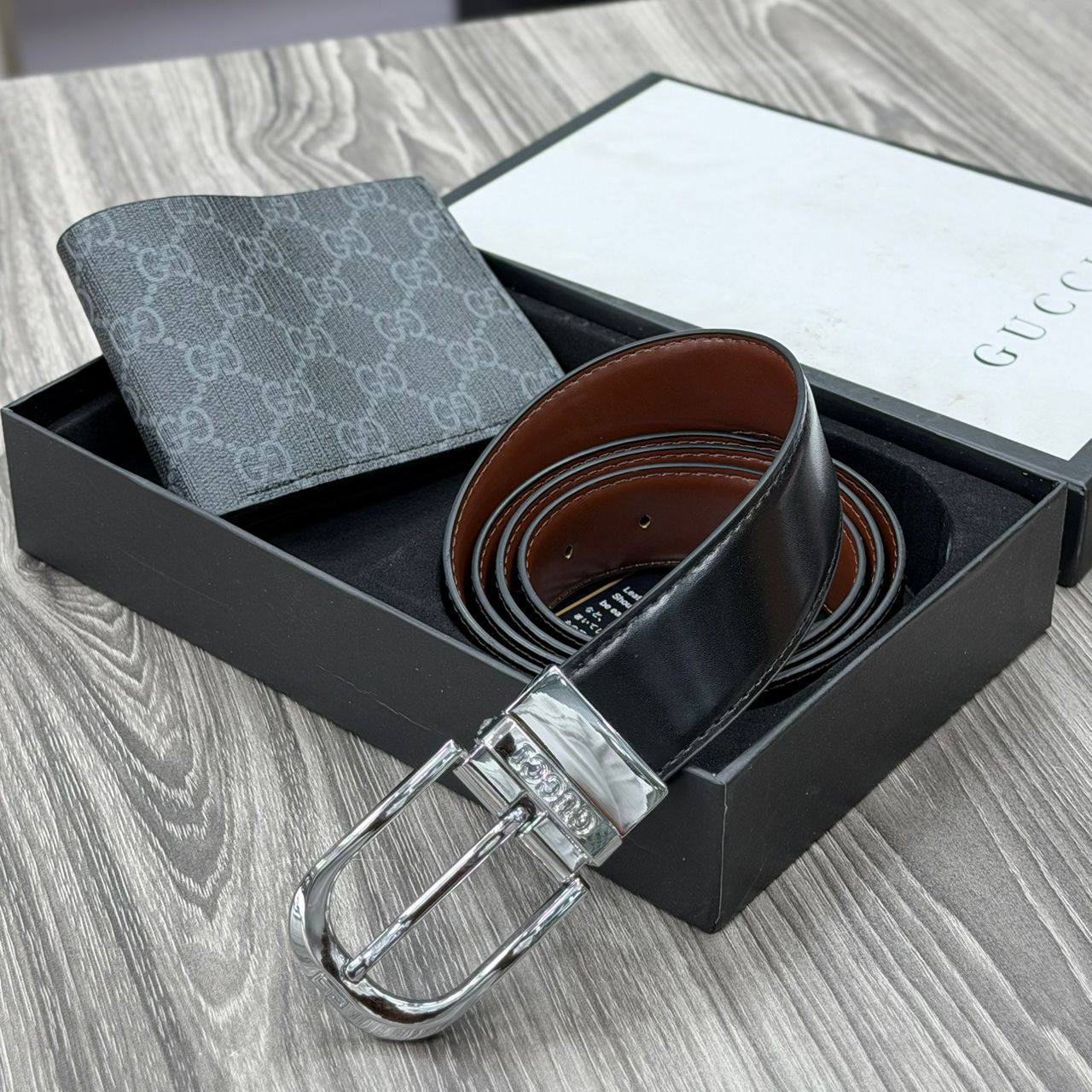 GUCCI Leather Belt x Wallet Combo (Silver Buckle)
