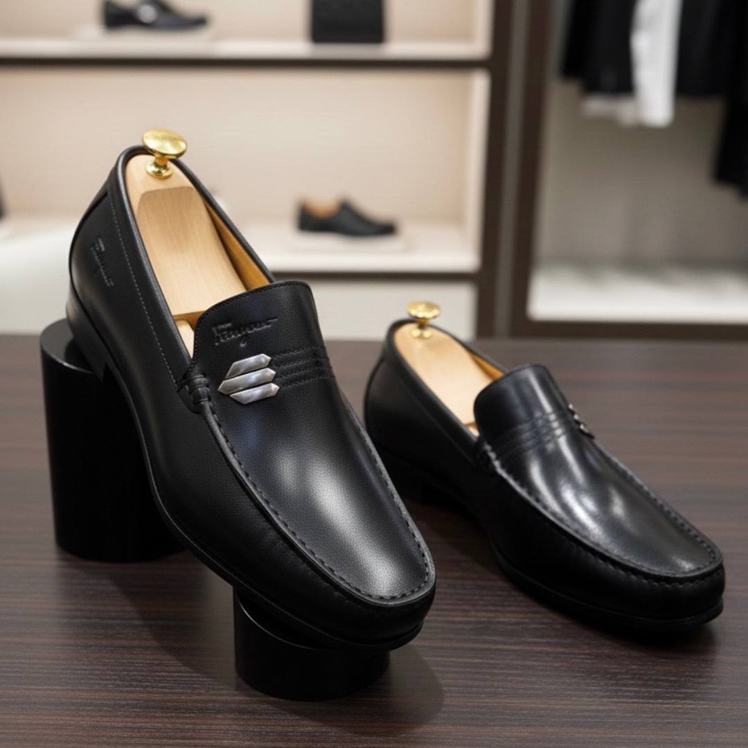 Gancini Men’s Leather Penny Loafer Shoes (Classic Black AC-1)