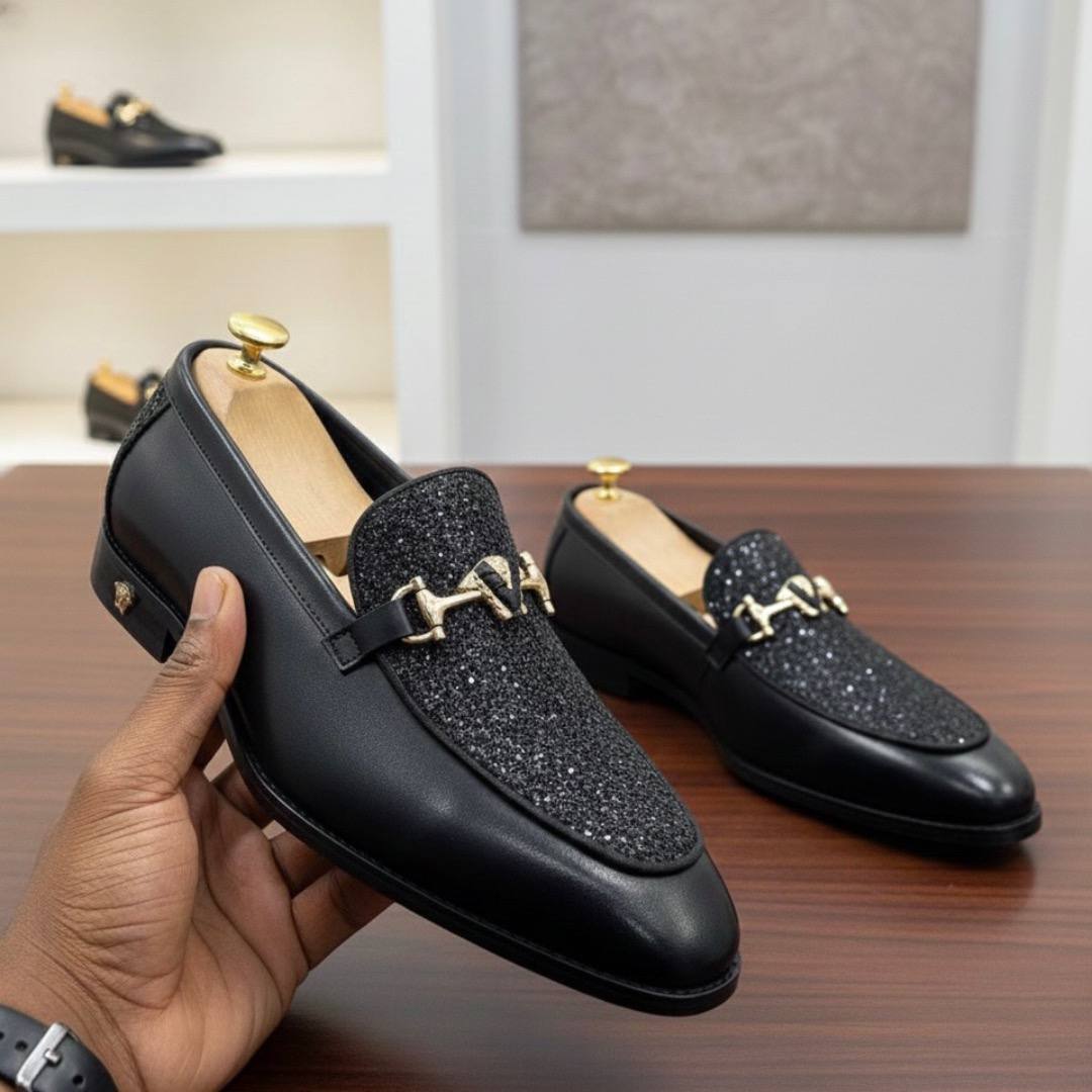 Men’s Black Glitter Horsebit Shoes – Luxury Sparkle E-V5