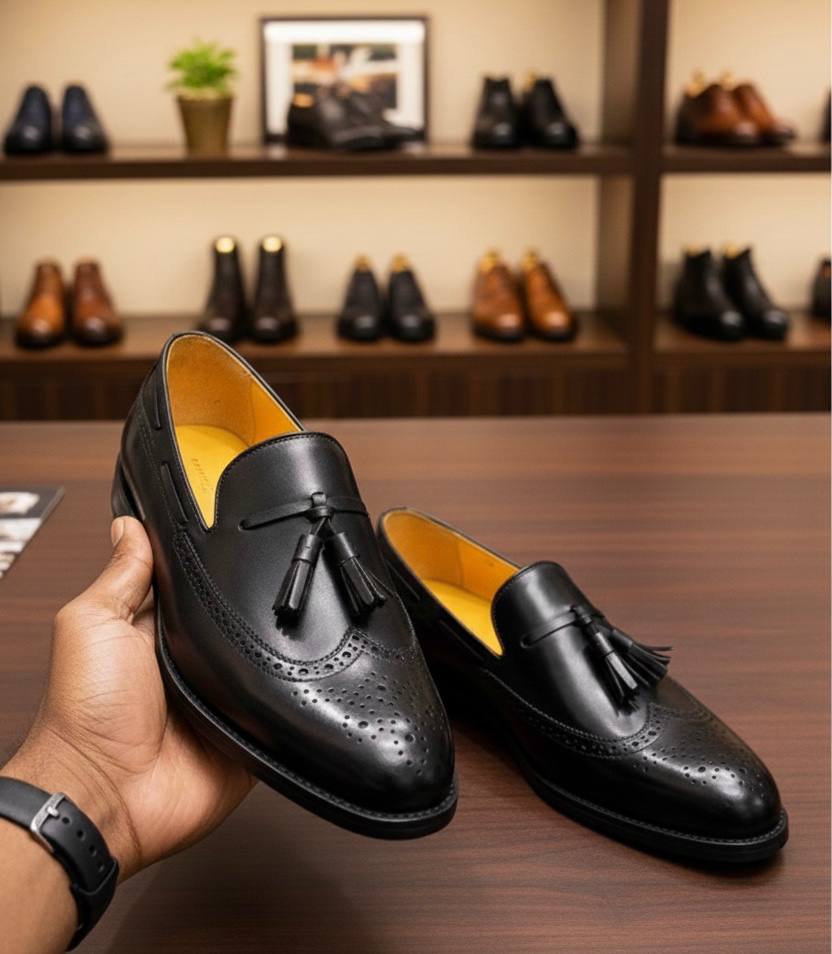Classic Black Tassel Wingtip Loafers (Premium Leather Shoes E-V4)