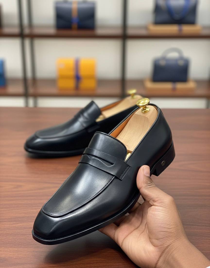 Men’s Executive Black Leather Penny Loafer Shoes (AC-HUB1)