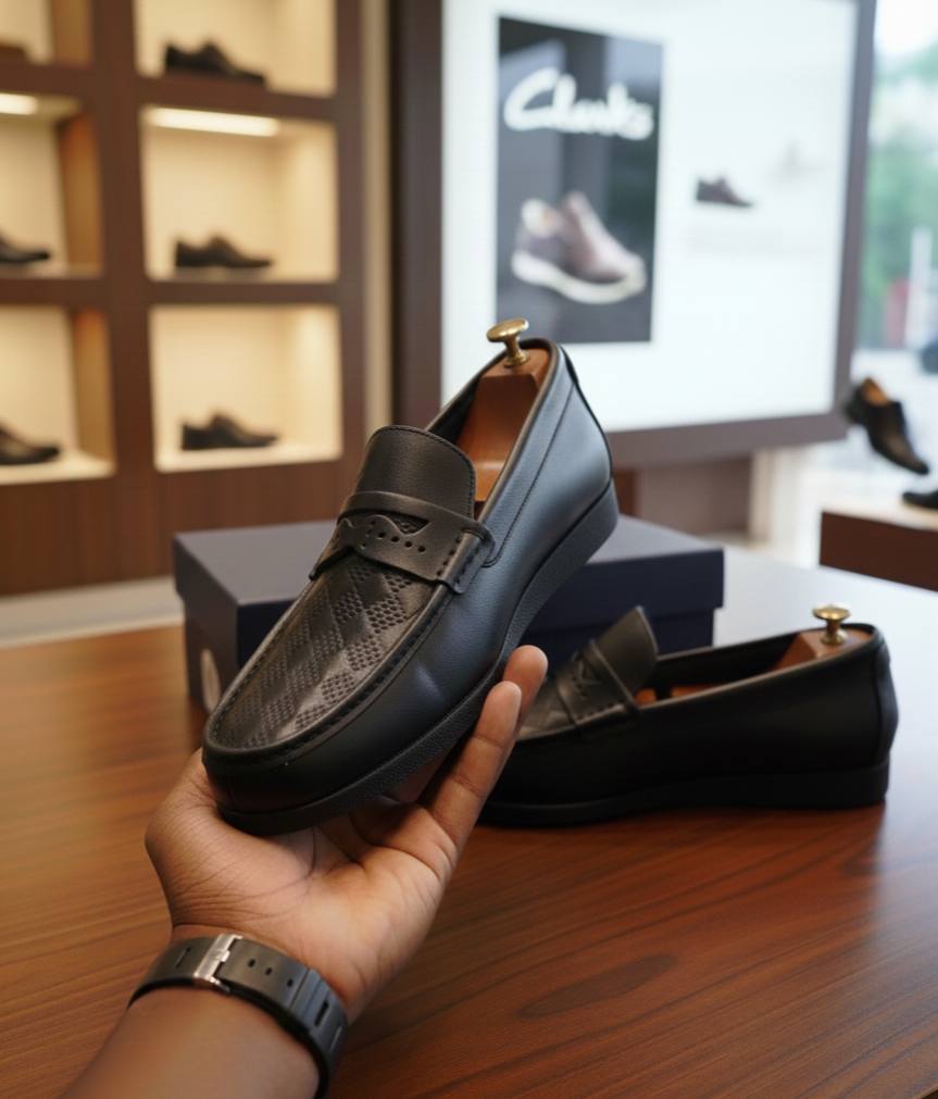 Men Clarks Black Leather Loafers (Stylish Pattern)