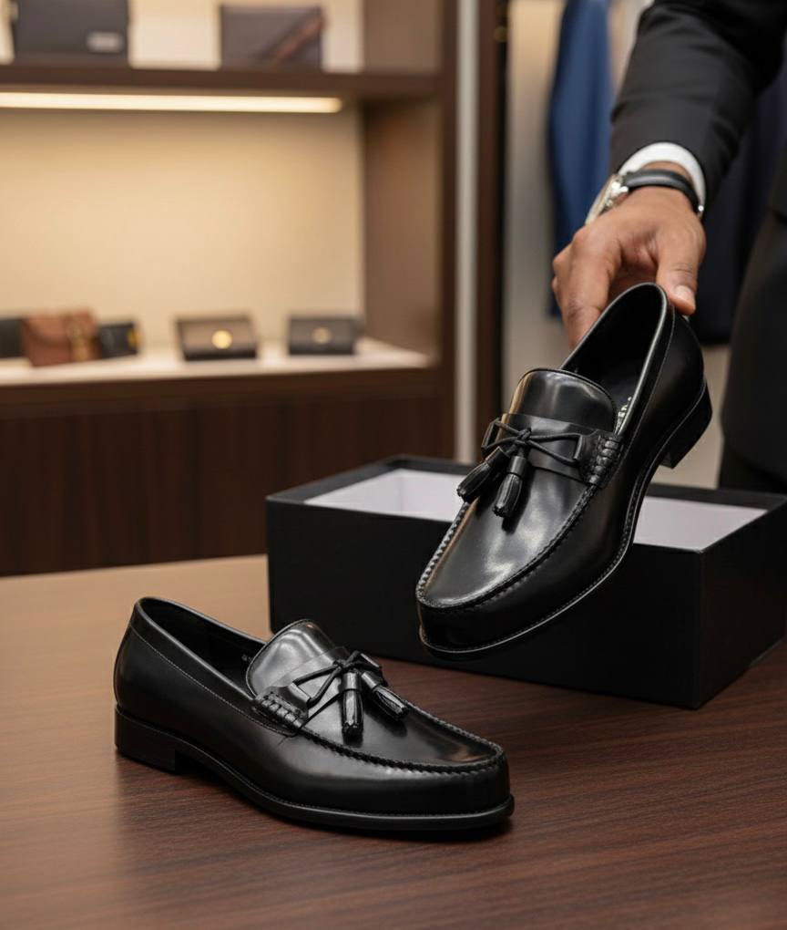 Men's brown leather tassel loafer shoes