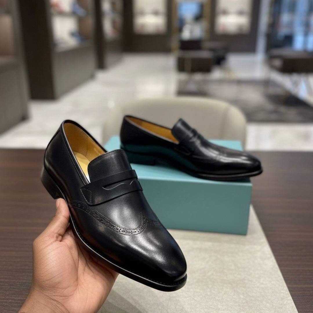 Men’s Black Leather Wingtip Penny Loafers Dress Shoes (E-V6)