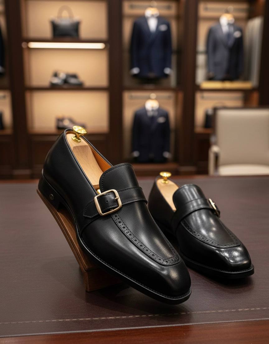 Men’s Black Leather Monk Strap Shoes (Apron Toe AC-HUB1)