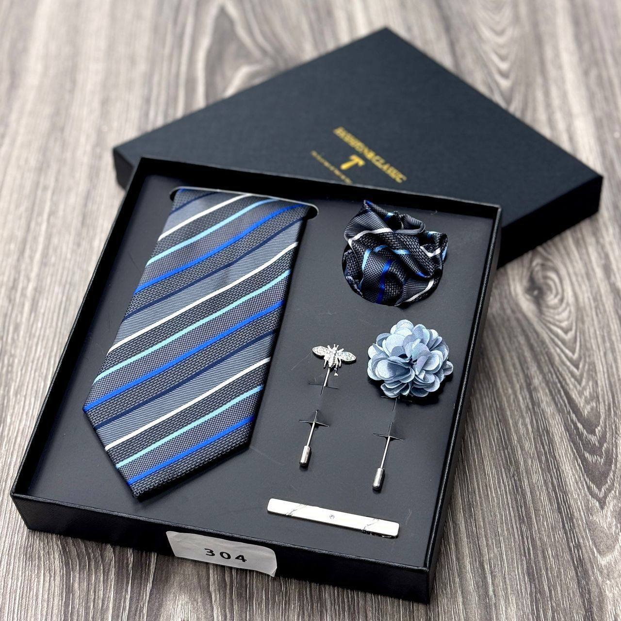 Premium Men’s Blue Grey Striped Gift Set (Formal Accessory Kit CA-1)