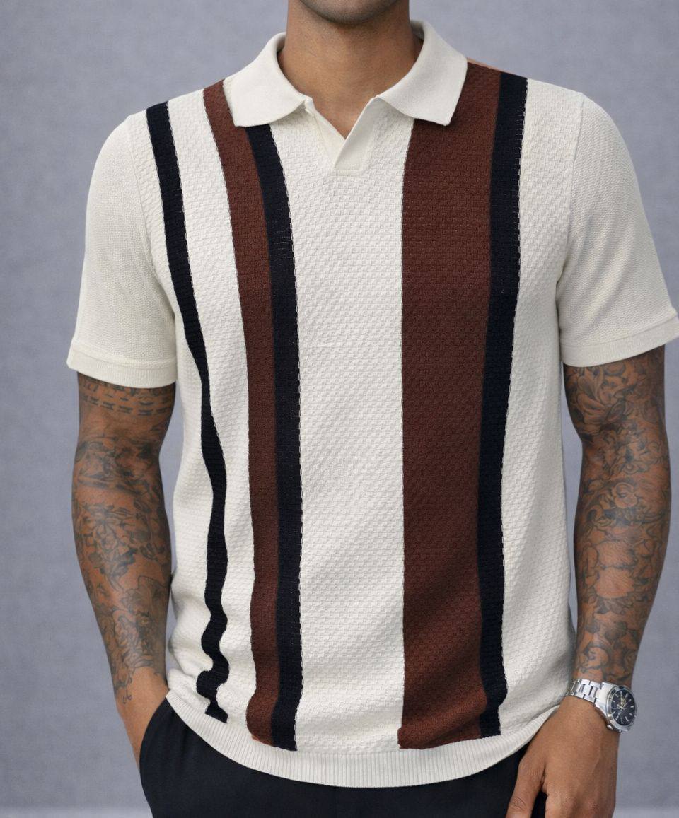 Retro Stripe Knitted Polo Shirt – Cream x Earth Tones (AC-P)