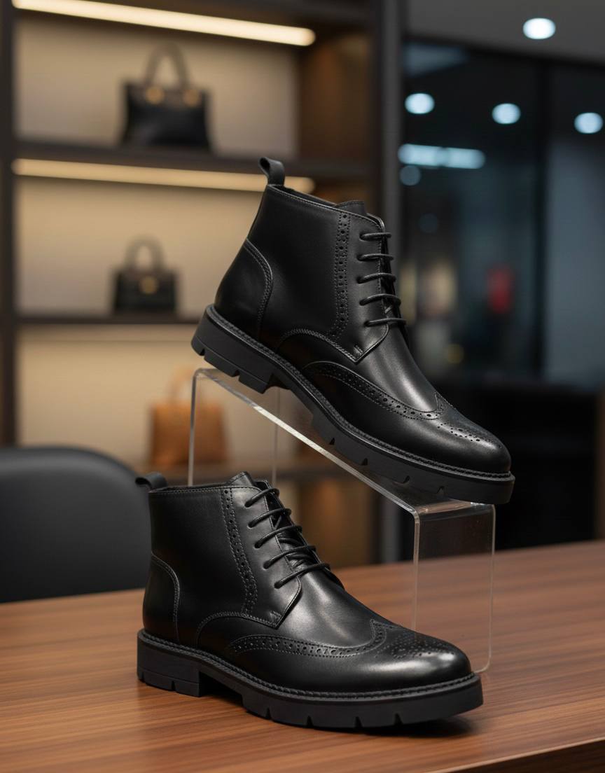 Men’s Black Leather Wingtip Brogue Boots (Classic Dress Boots RTM-4)