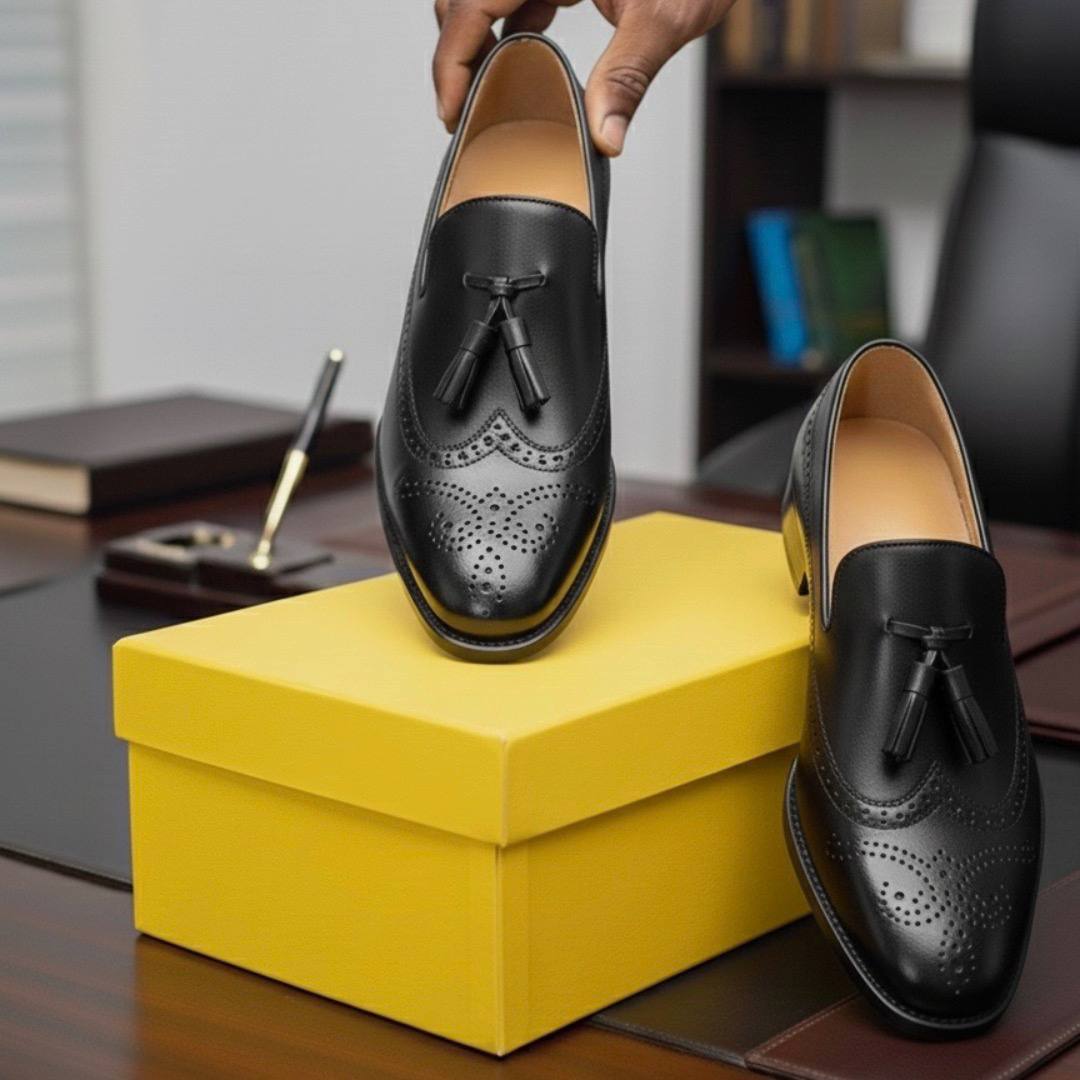 Men Executive Italian Brogued Leather Tassel Shoes (Black E-V1)