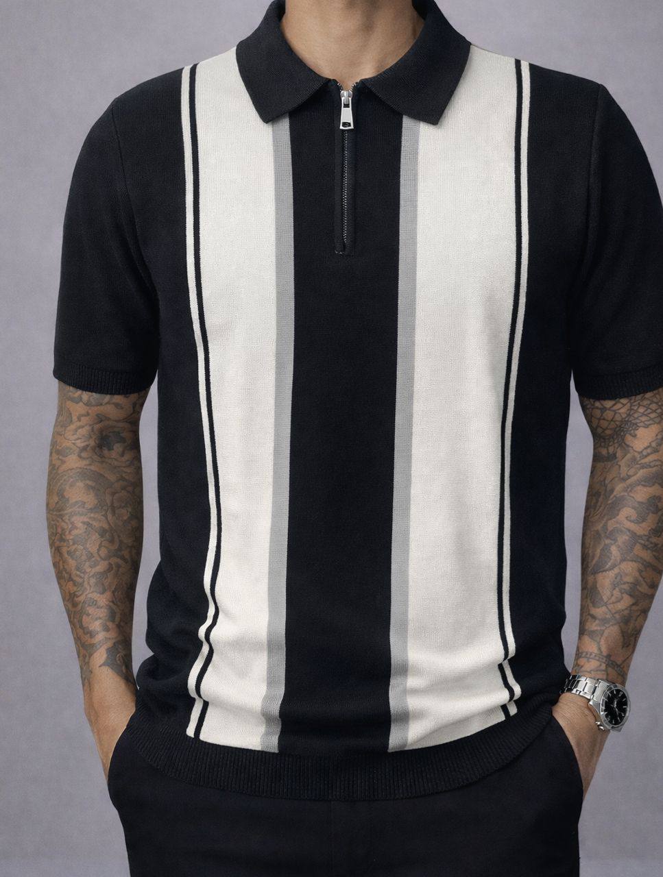 The Club Knit: Retro Vertical Stripe Quarter-Zip (AC-P)