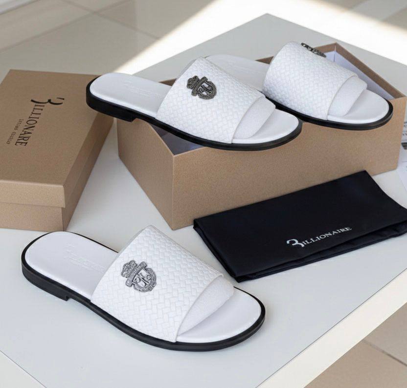 Men Triple White Billionaire Leather Slippers (Mesh Pattern)