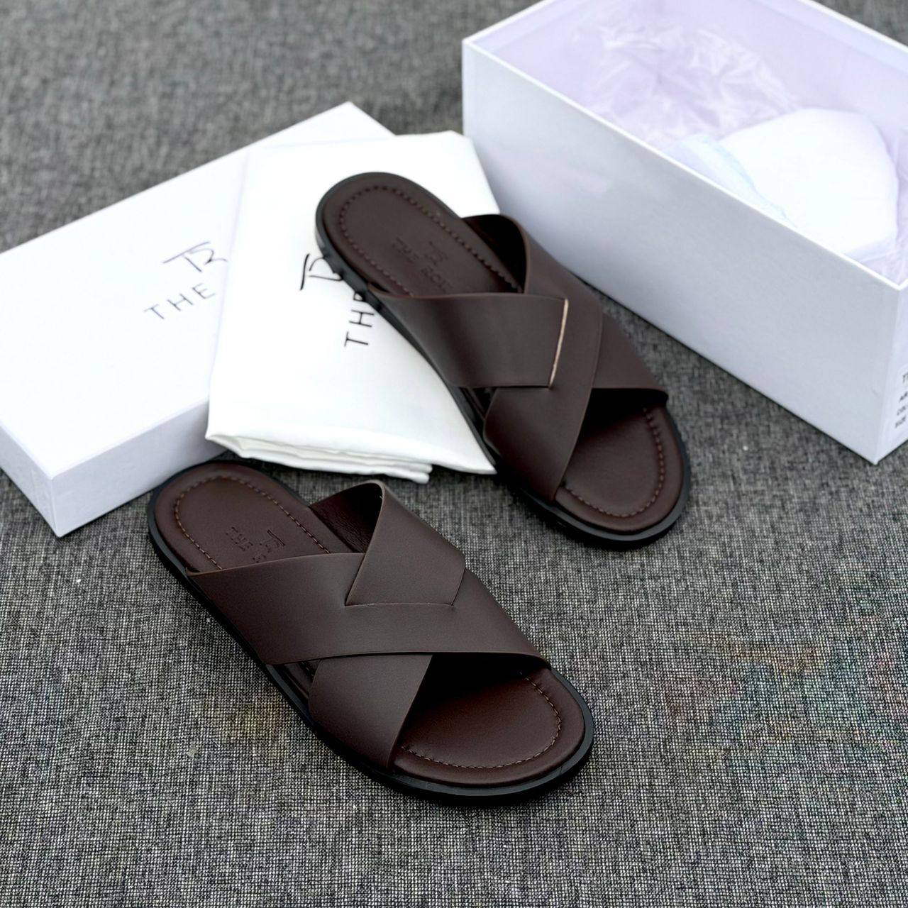 Premium Coffee Leather Cross Slippers
