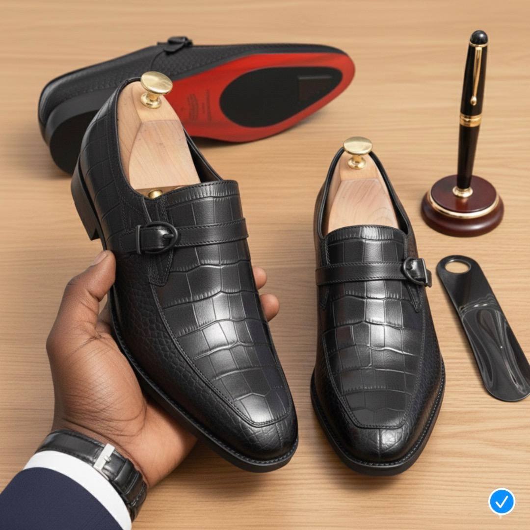Black Crocodile-Embossed Leather Double Monk Strap Shoes (RTM-1)