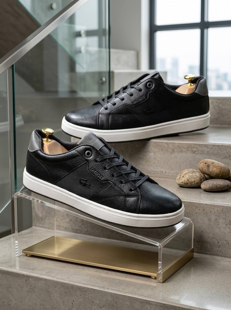 Lacoste Black Tumbled Leather With White Gumsole