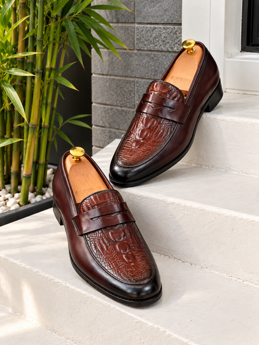 Artisan Croc-Embossed Leather Penny Loafer — Rich Brown