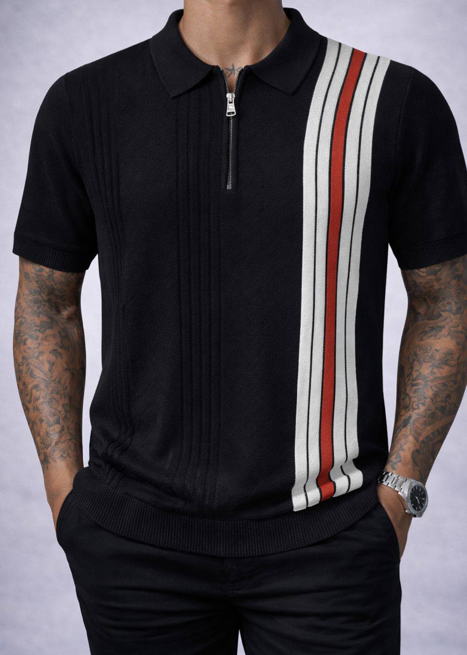 Vintage-Inspired Knitted Polo – Midnight Black (AC-P)