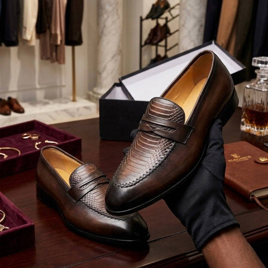 Hand-Burnished Coffee Loafer with Python-Embossed Vamp (CM-007)