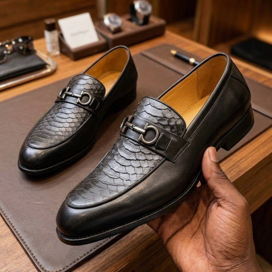 Black Onyx Python Dress Loafers | Handcrafted Elegance (CM-007)