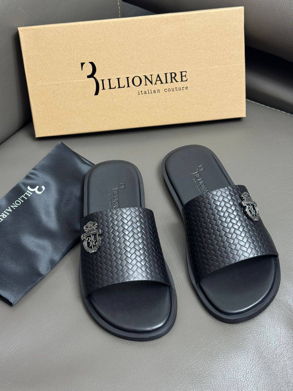 Men Triple Black Billionaire Leather Slippers (Mesh Pattern)