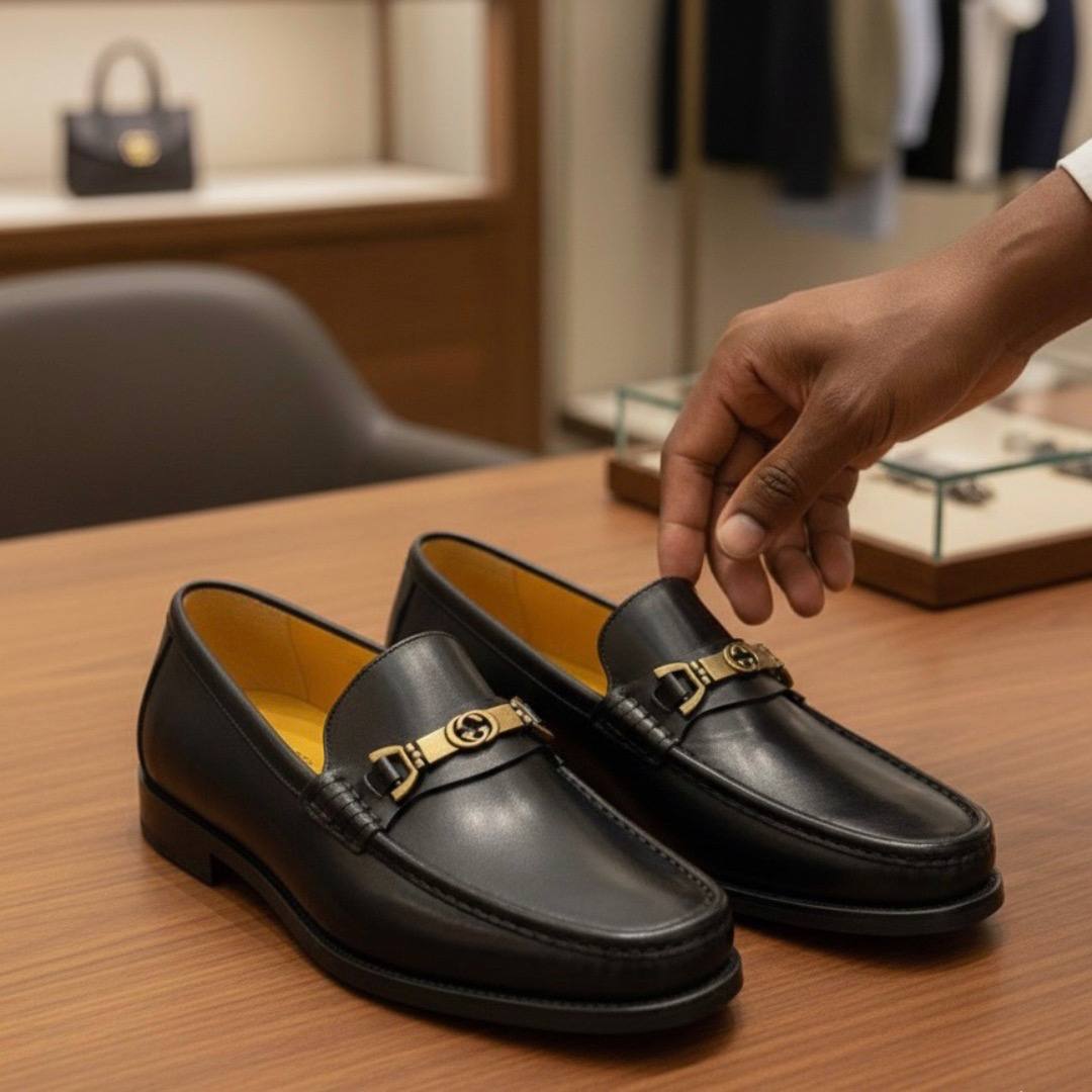 Men's Black Leather Horsebit Loafer Shoes | Luxury Ornament (E-V4)