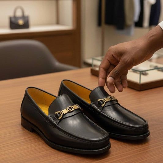 Men's Black Leather Horsebit Loafer Shoes | Luxury Ornament (E-V4)