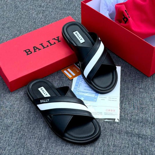 Bally Men's Black Leather Cross-Strap Slides with White Stripe