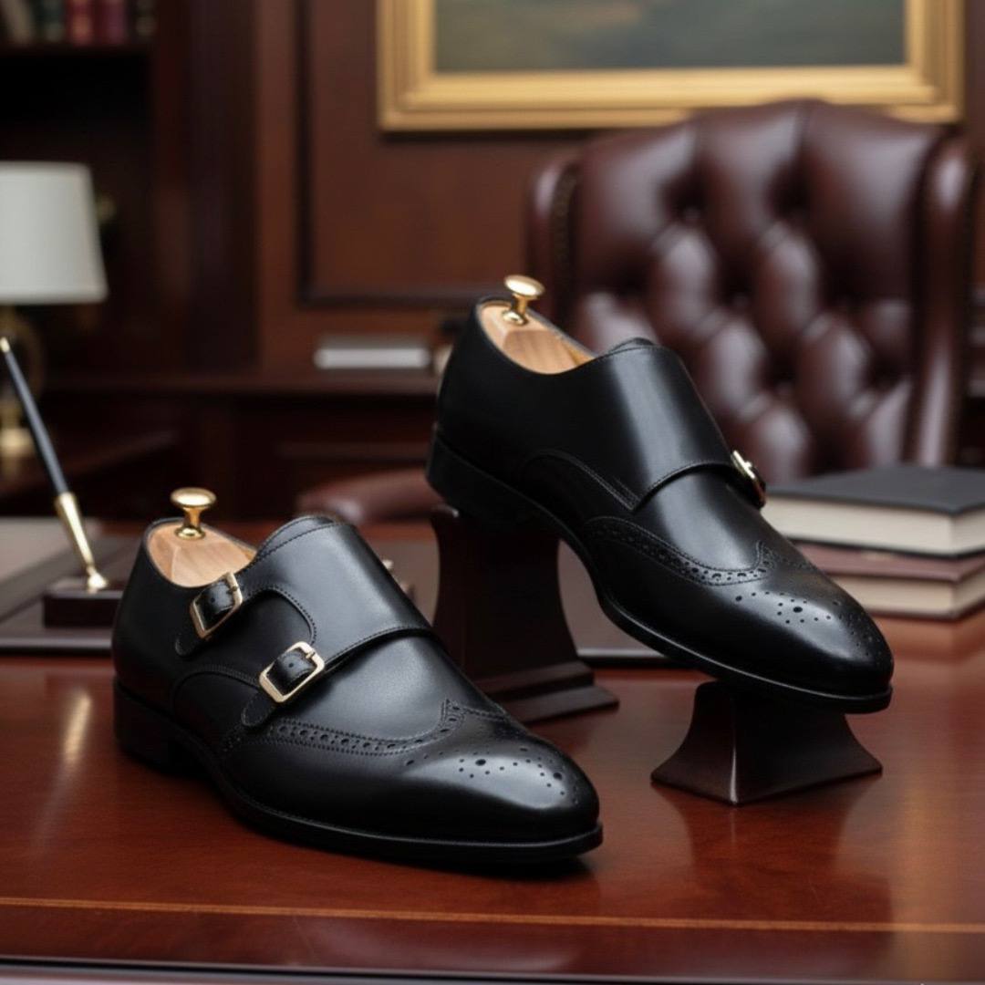 Men’s Black Leather Double Monk Strap Brogue Shoes (RTM-4)