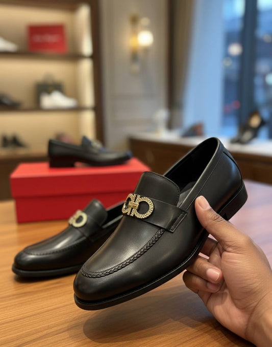 Men Executive Feragamo Penny Loafer Shoes (Italian Leather with Ornament E-V2)