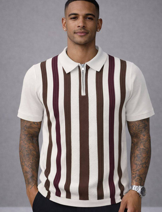 Vintage-Inspired Vertical Stripe Knitted Zip Polo (AC-P)
