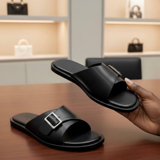 Men’s Premium Black Leather Buckle Slide Slippers (DS-1)