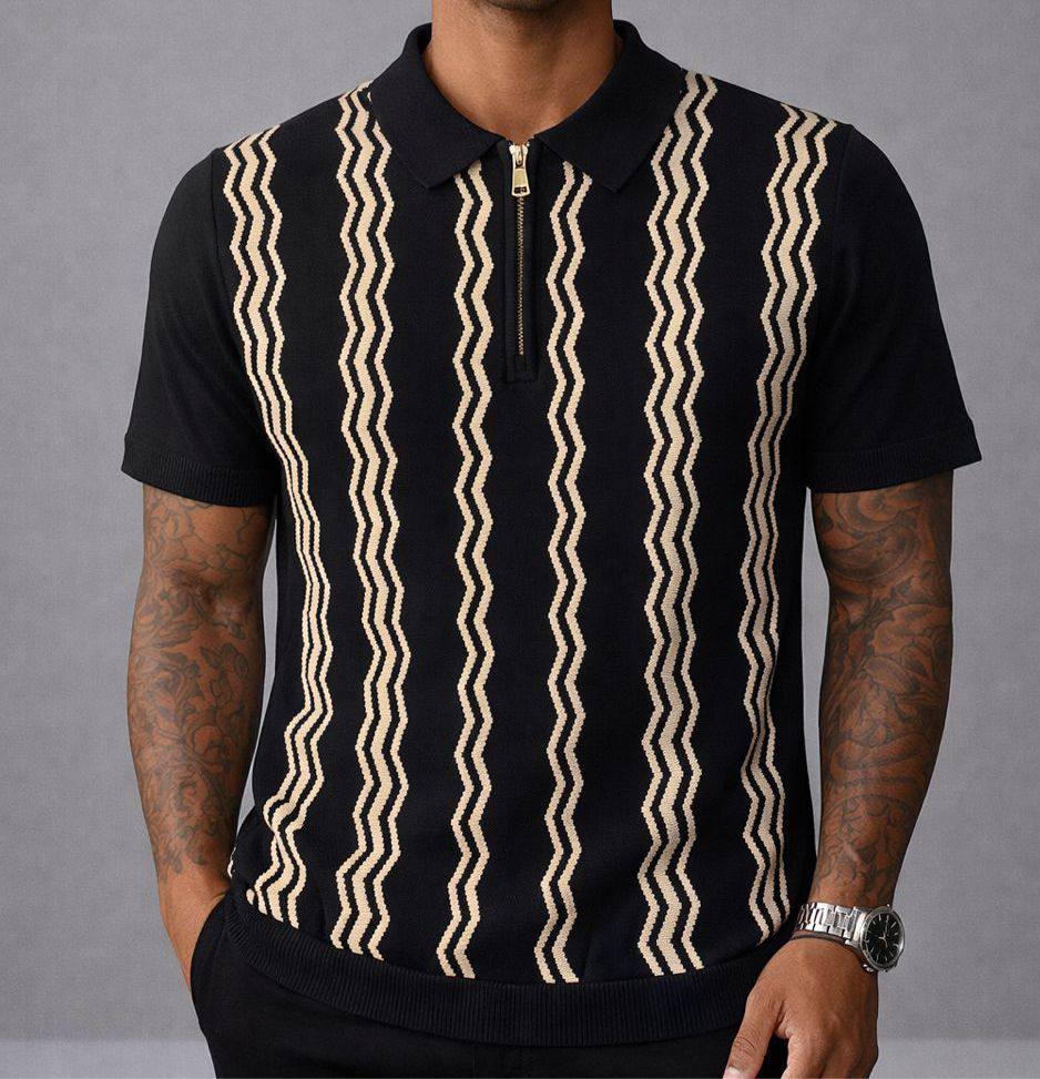 Retro-Modern Zip-Neck Knitted Polo | Textured Zig-Zag Knit (AC-P)