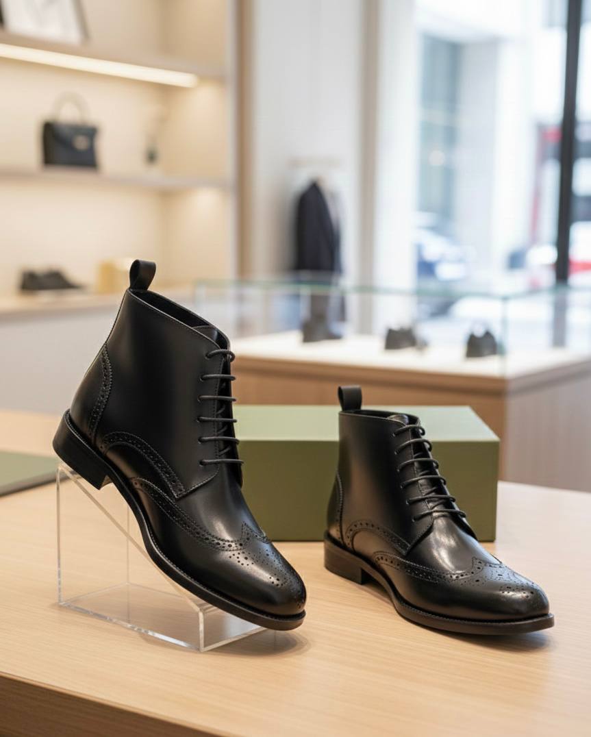 Men's Classic Black Leather Wingtip Brogue Boots (E-V7)