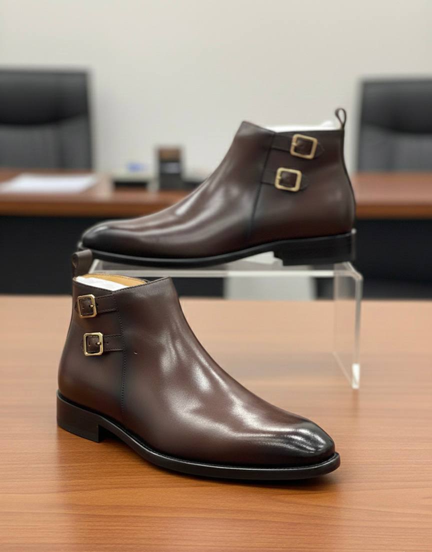 Men's brown leather double monk strap ankle boots with side zipper and buckles.