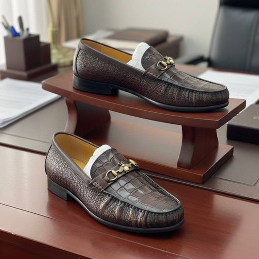 Men’s Black Croc Leather Loafer Shoes (Gold Bee Edition DS-1)